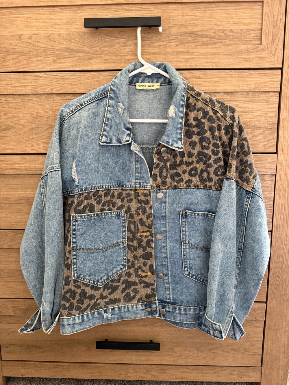 Blue Denim Jacket with Leopard Print